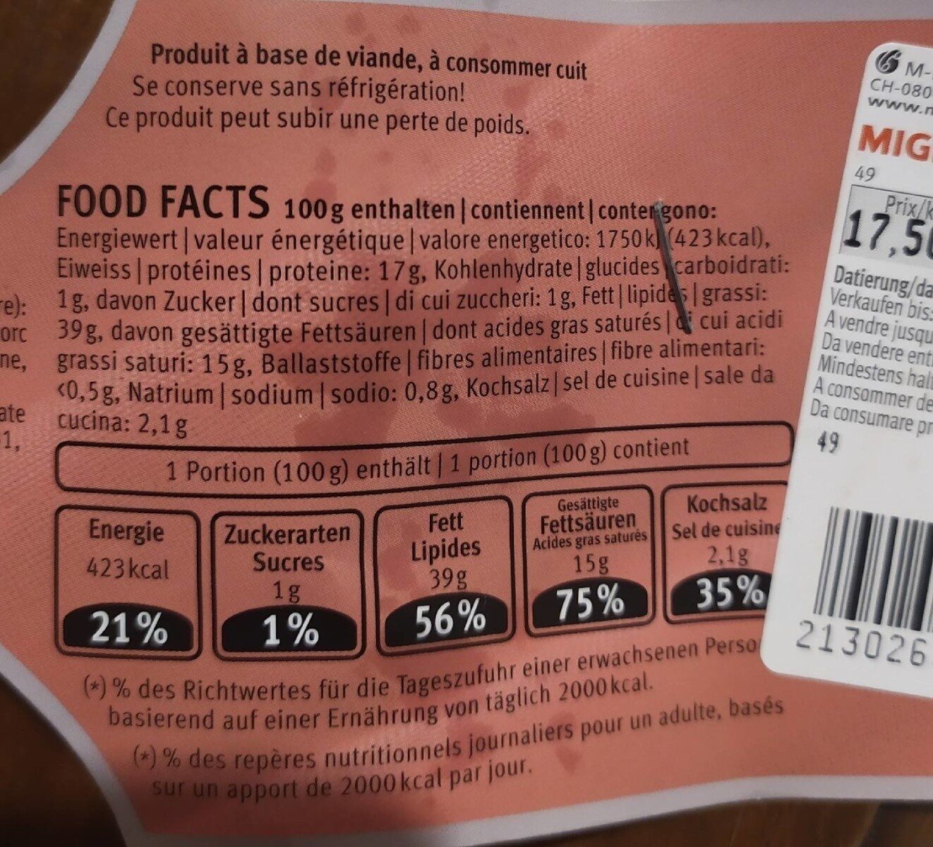 Saucisse au foie - Valori nutrizionali - fr