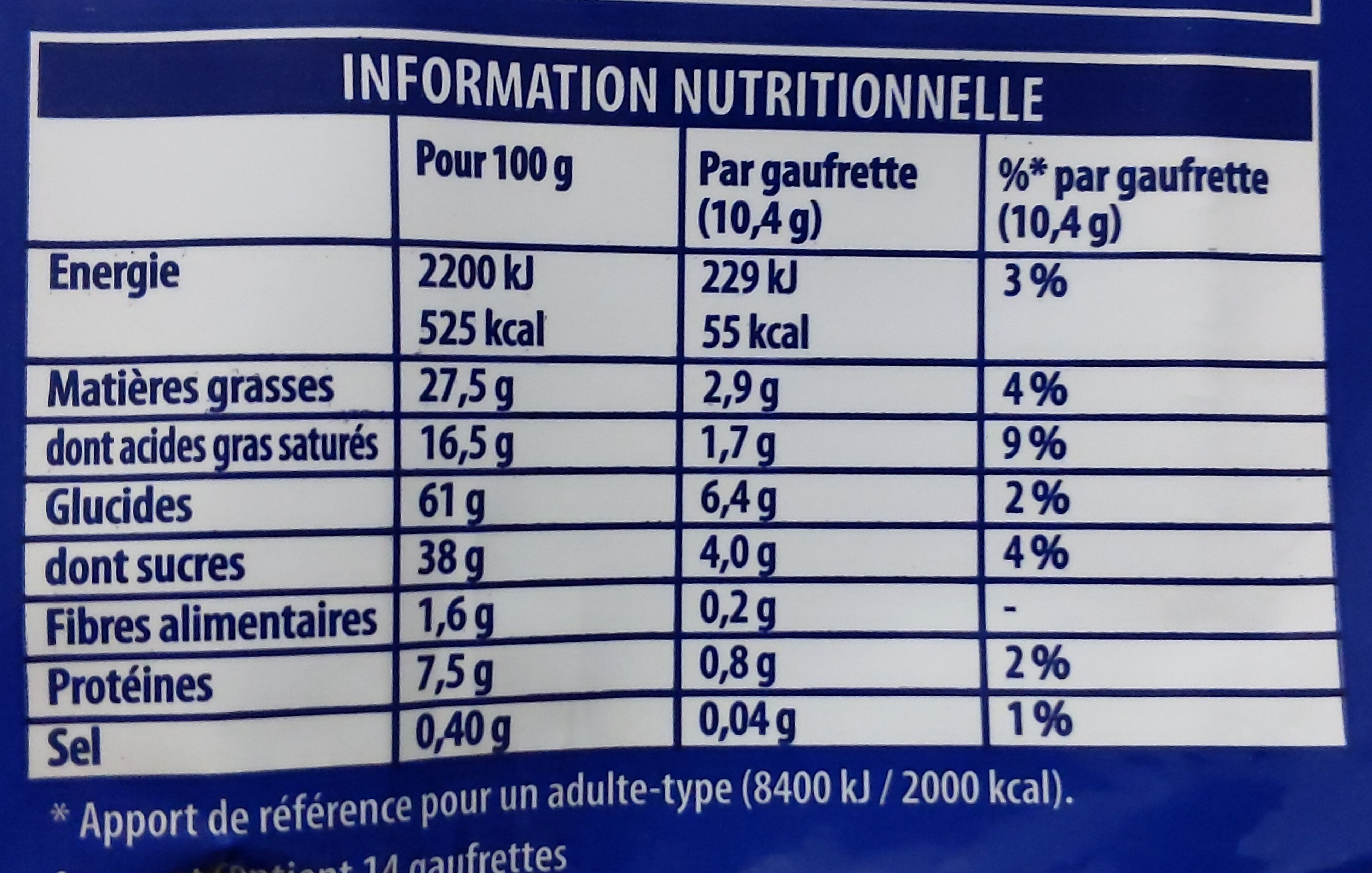 Gauffrettes saveur vanille - Valori nutrizionali - fr