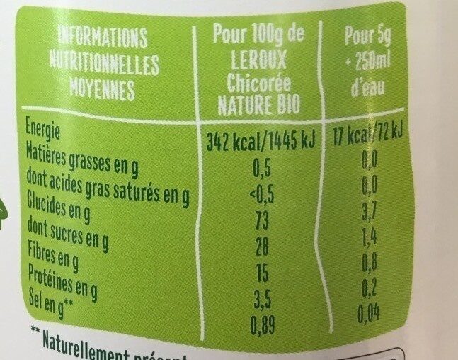 Chicoree soluble nature bio 100g - Valori nutrizionali - fr
