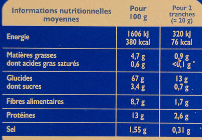Tartines de Pain Blé Complet - Valori nutrizionali - fr