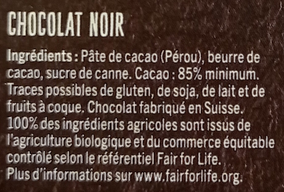 Noir Pérou 85% notes fruitées - Ingredienti - fr