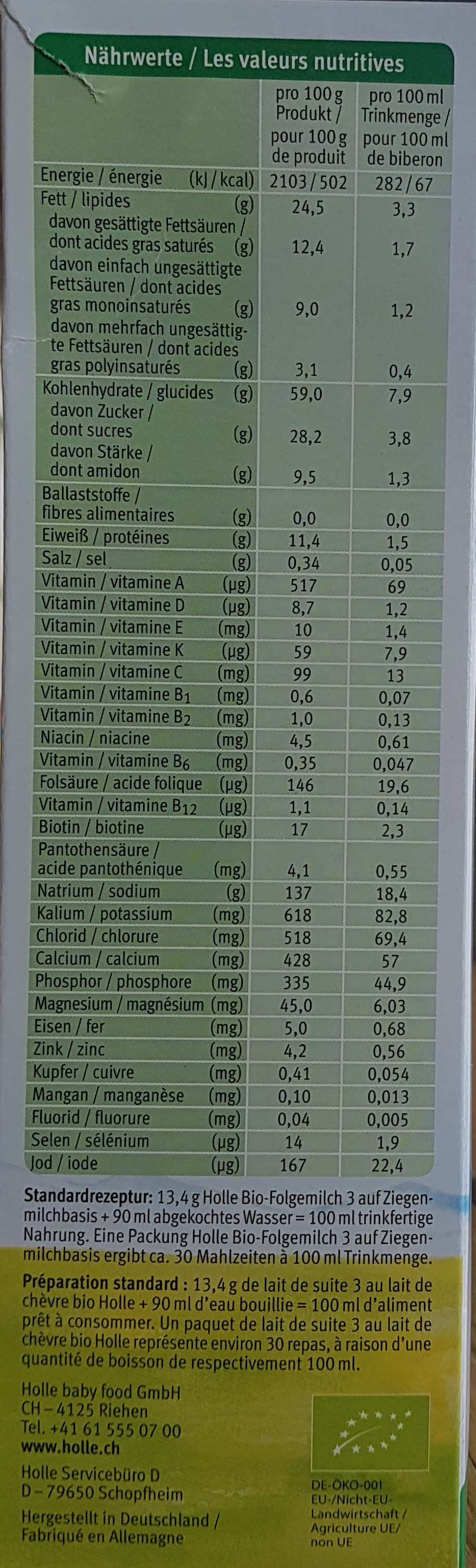 Holle Folgemilch 3 Ziegenmilchbasis Bio 400 g - Valori nutrizionali - fr